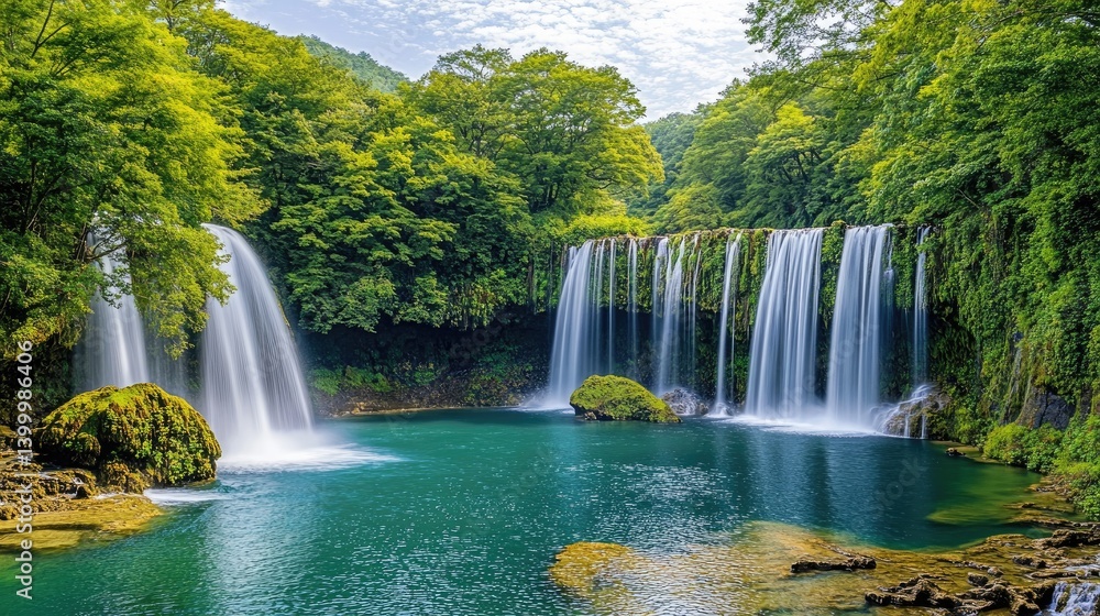 Fototapeta premium Lush waterfall cascading into a tranquil pool nestled within a vibrant forest