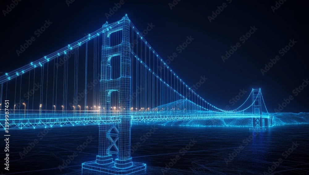 Obraz premium Digital, glowing wireframe of a suspension bridge at night