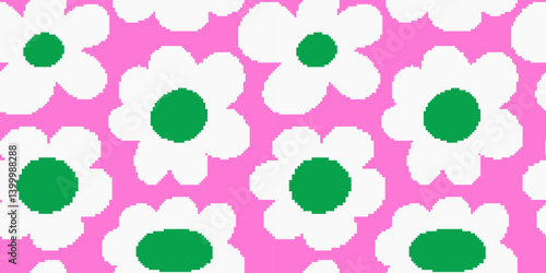Seamless pattern with flowers in pixel style. Spring mood. Cute flowers. Retro background for design and card, covers, package, wrapping paper.