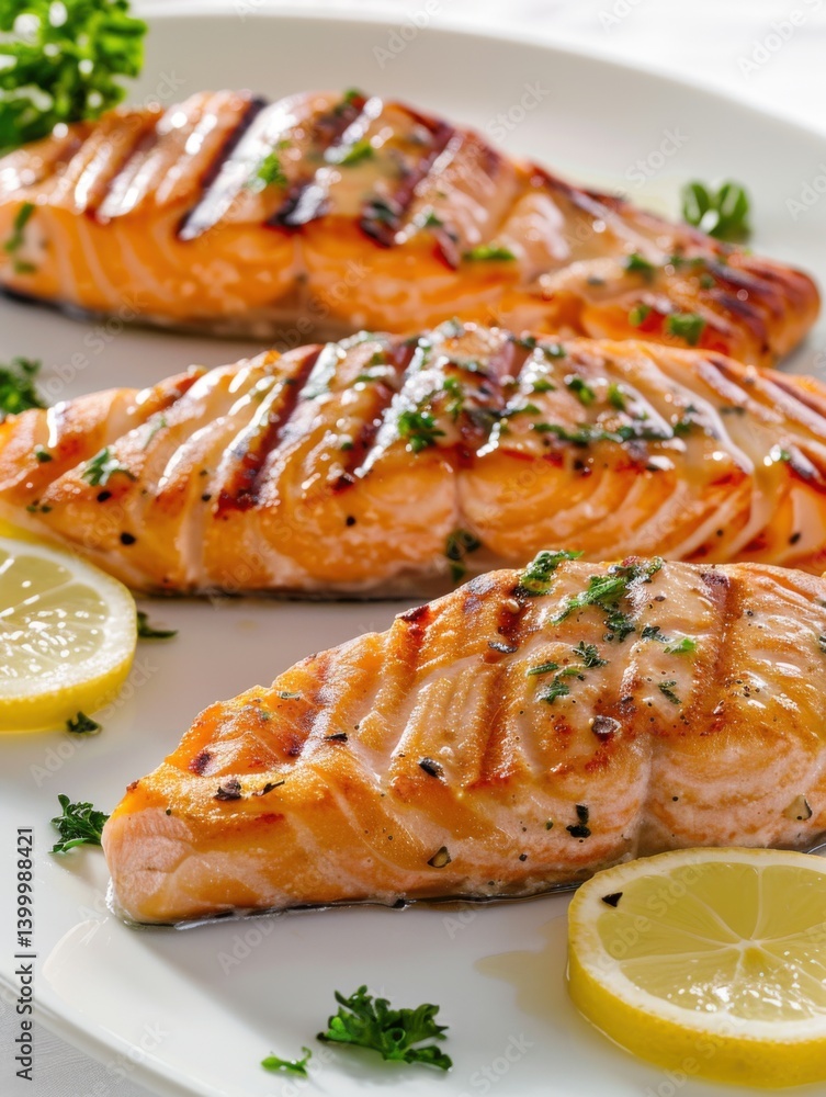 Grilled salmon steak with lemon butter served on a white plate garnished with herbs Grilled salmon steak with lemon butter served on a white plate garnished with herbs