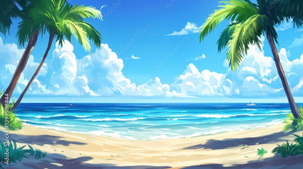 Obraz premium Crystal blue tropical sea meeting soft sand with leaning palms under a perfectly clear sunny sky