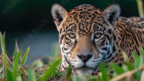Jaguar relaxes by the water, illuminated by a breathtaking sunset in a lush habitat