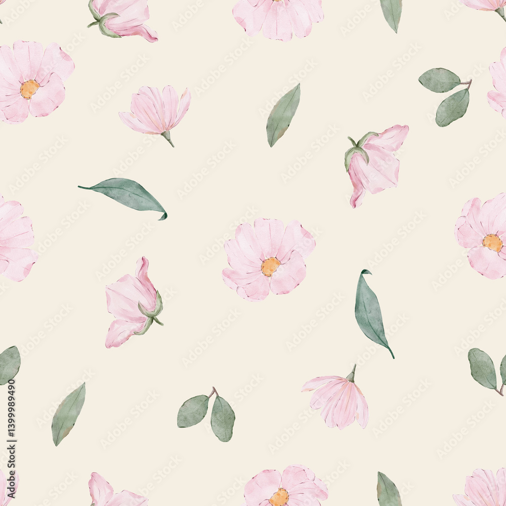 Obraz premium Botanical watercolor seamless pattern with pink roses. Floral pastel background. Delicate floral and herb illustration. 