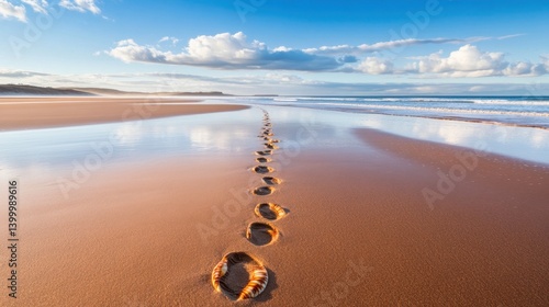 Horizon view of a calm beach with seashell trail on smooth sand and distant waves under blue sky