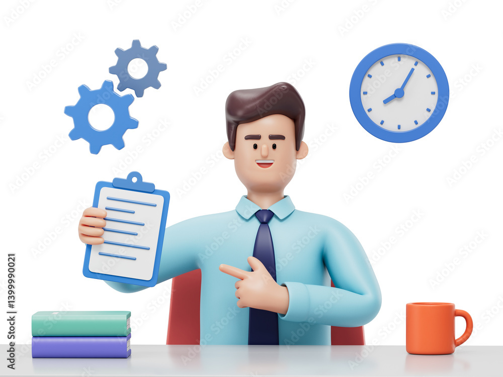 A man reviews a document at a desk, symbolizing work, planning, or organization. 3D rendering, conceptual image. Isolated on white background. A man reviews a document at a desk, symbolizing work, planning, or organization. 3D rendering, conceptual image. Isolated on white background.