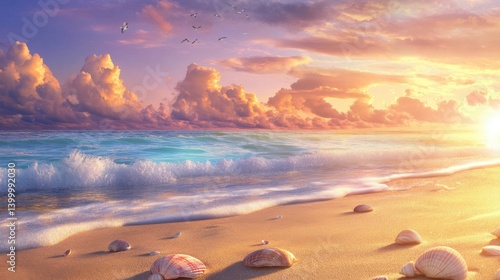 Soft sunset glow over beach with shells arranged on the sand and waves gliding gently over the shore