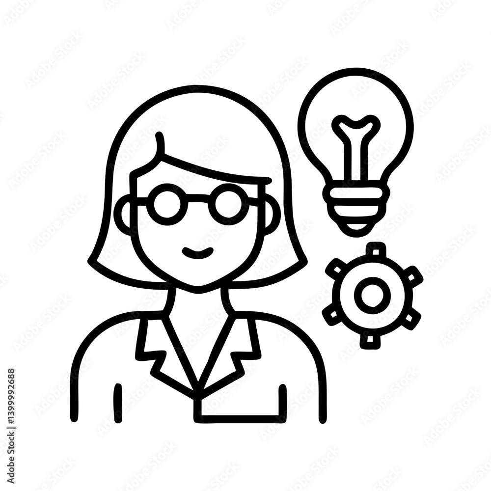 Illustration of woman with glasses idea lightbulb and gear for innovation concept design Illustration of woman with glasses idea lightbulb and gear for innovation concept design