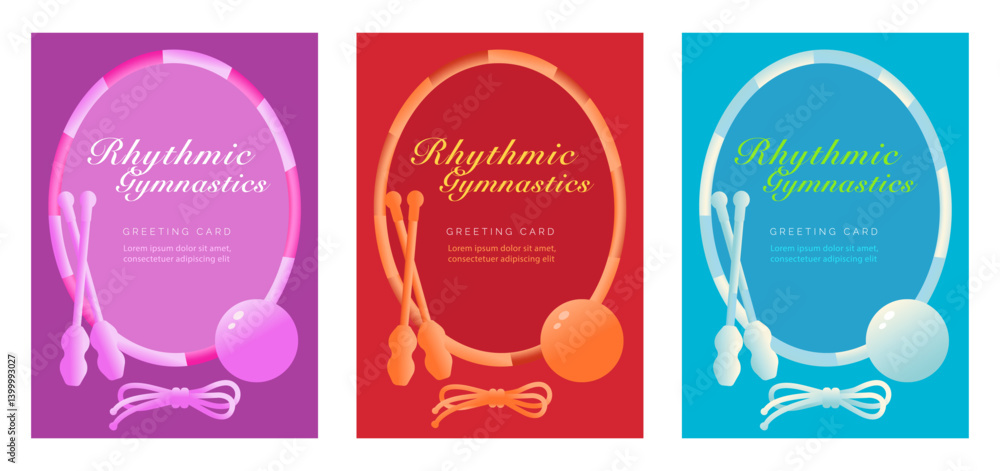 Colorful set with rhythmic gymnastics greeting cards templates. Vertical compositions with sport apparatus, hoop, ball, clubs and rope Colorful set with rhythmic gymnastics greeting cards templates. Vertical compositions with sport apparatus, hoop, ball, clubs and rope