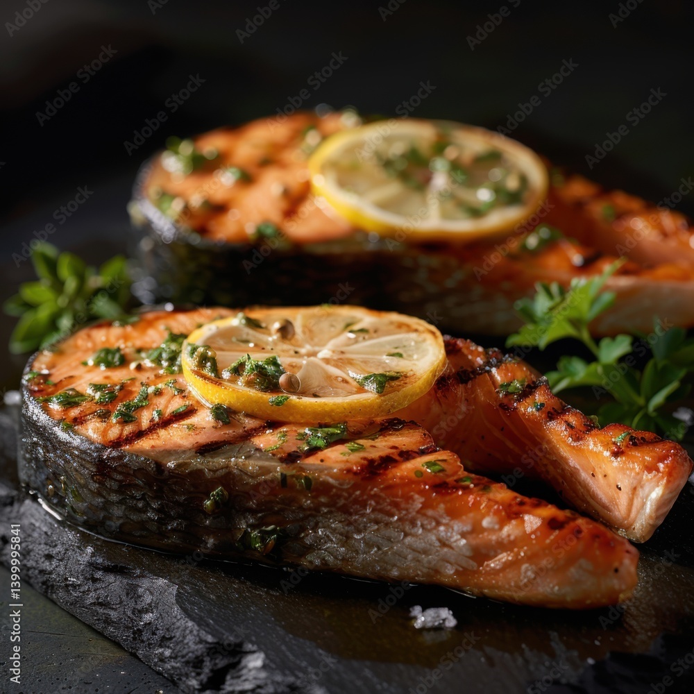 Grilled salmon steak topped with lemon butter and fresh herbs on a dark stone plate Grilled salmon steak topped with lemon butter and fresh herbs on a dark stone plate