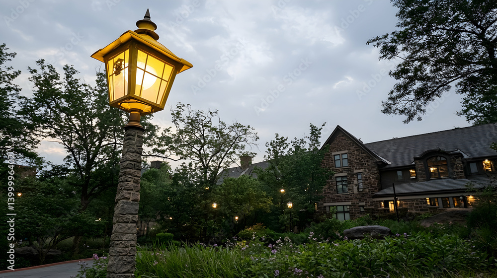 Illuminated lamp post near stone building at dusk; garden scene; campus setting; stock photo Illuminated lamp post near stone building at dusk; garden scene; campus setting; stock photo