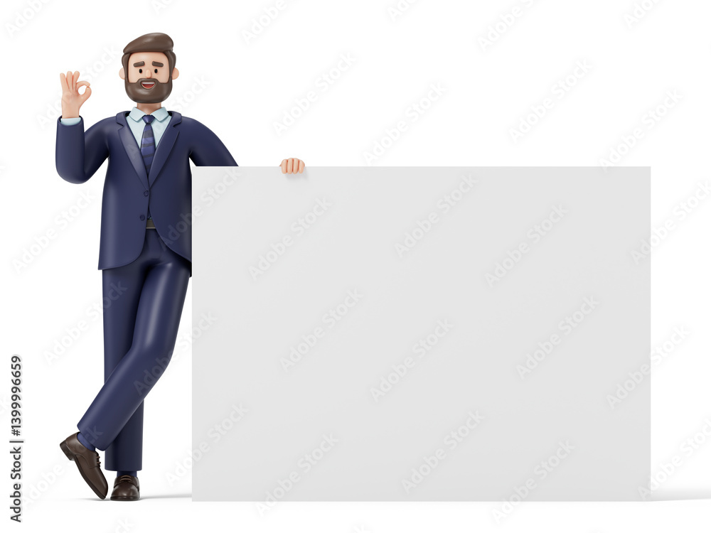 Man with 'OK' gesture holds blank sign, symbolizing approval or readiness for new ideas. 3D rendering, conceptual image. Isolated on white background. Man with 'OK' gesture holds blank sign, symbolizing approval or readiness for new ideas. 3D rendering, conceptual image. Isolated on white background.