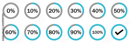 Set of  Circle loading or circle progress collection. Set of circle percentage diagrams for infographics 0 10 20 30 
40 50 60 70 80 90 100 percent in black and of vector illustration