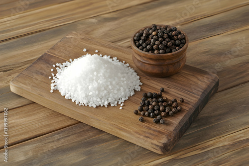 Rustic culinary presentation of coarse salt and peppercorns on wooden board for kitchen decor