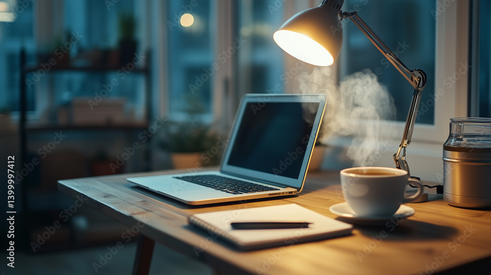 Naklejka premium Sleek Modern Workspace with Wooden Desk Laptop Tea Cup and Notebook in Natural Lighting