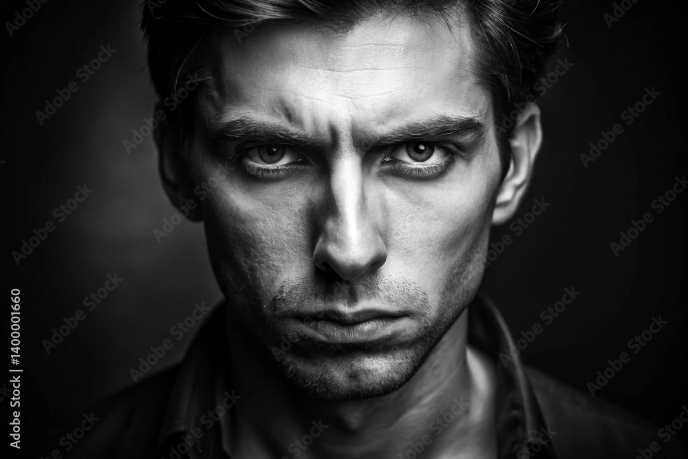 Black and white dramatic lighting with serious facial expression Black and white dramatic lighting with serious facial expression
