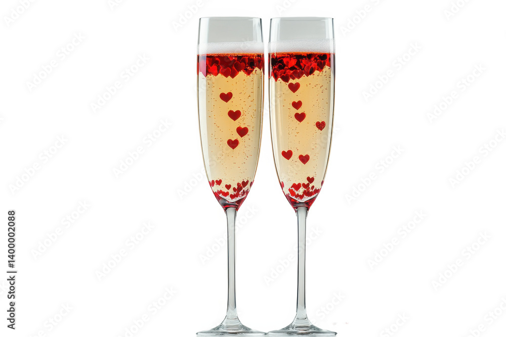 Two champagne flutes filled with hearts on a dark plain setting Two champagne flutes filled with hearts on a dark plain setting