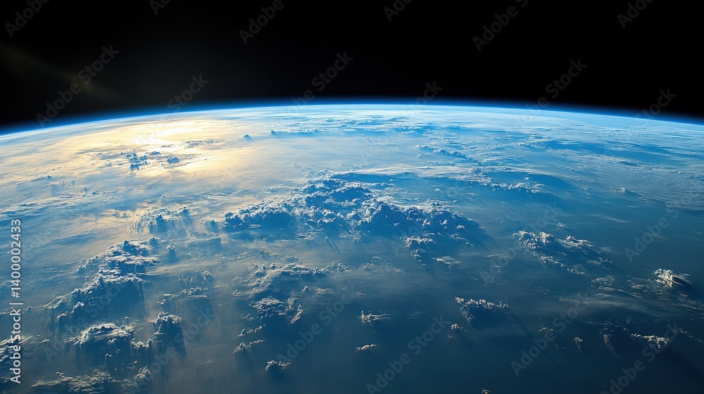 Fototapeta premium Stunning Earth View from Space: Blue Planet with Cloud Patterns and Sunlight