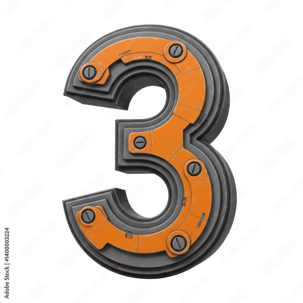 Three Dimensional Grey Metal Number Three with Orange Accents Three Dimensional Grey Metal Number Three with Orange Accents