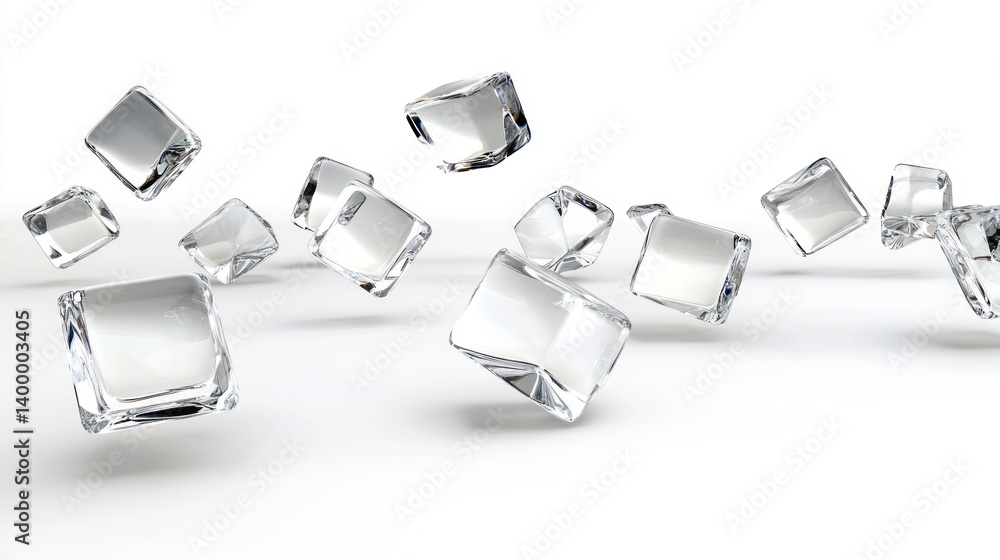 Naklejka premium Transparent ice cubes suspended in mid-air, showcasing their crystalline structure.