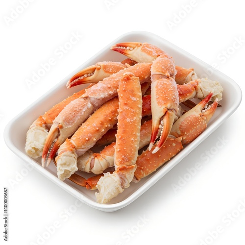 
raw frozen crab claws, in white tray, isolated on white background