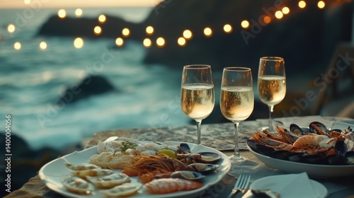 Elegant seaside dinner table under string lights, plates of seafood, and glasses of white wine with waves gently crashing in the background.