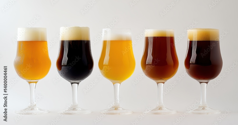Five glasses of beer, showcasing a variety of colors and styles Five glasses of beer, showcasing a variety of colors and styles