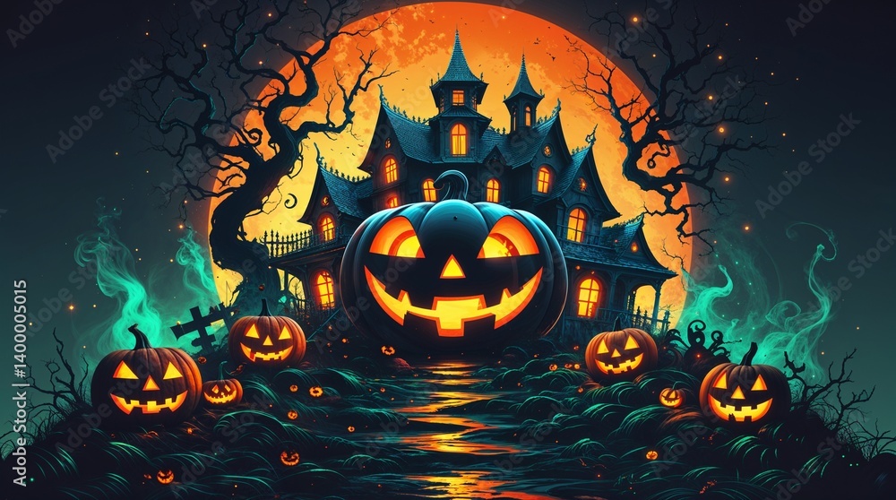 Fototapeta premium Spooky castle with glowing pumpkins on Halloween night, vibrant colors, haunted atmosphere