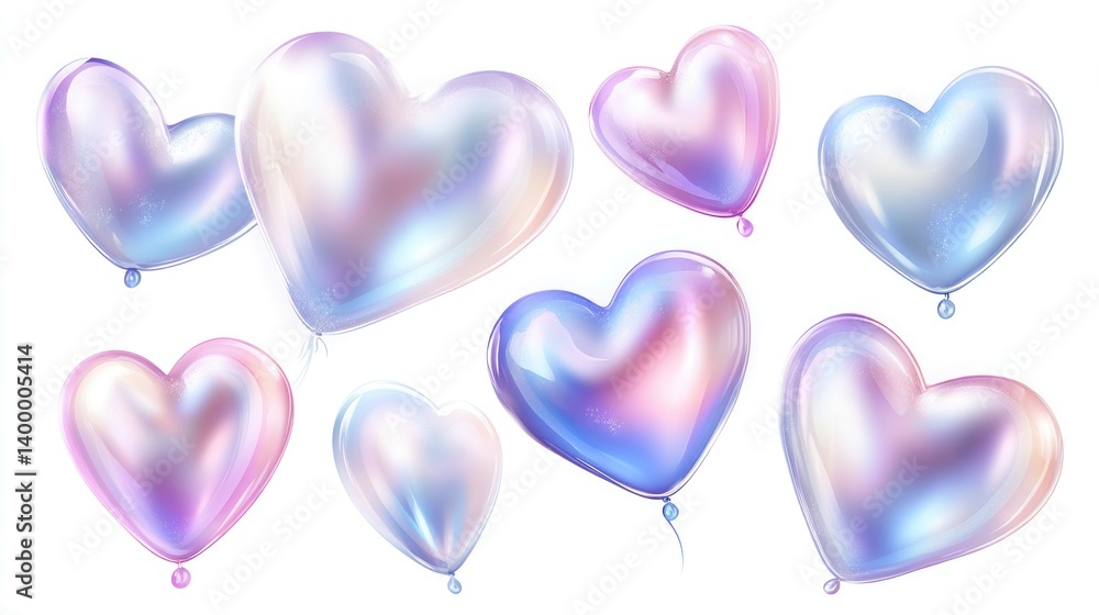 Heart-shaped iridescent balloons in pastel colors. Heart-shaped iridescent balloons in pastel colors.