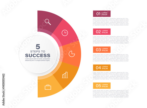 Semicircle infographic design template with 5 parts and icons