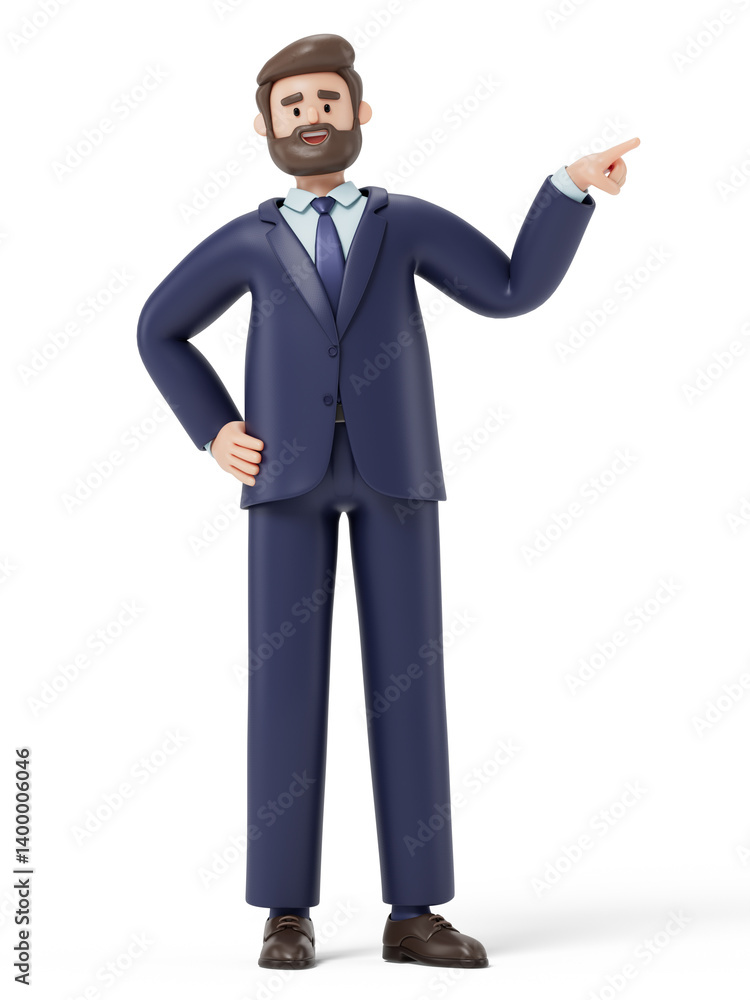 A man points to the side, symbolizing guidance or attention. 3D rendering, conceptual image. Isolated on white background. A man points to the side, symbolizing guidance or attention. 3D rendering, conceptual image. Isolated on white background.