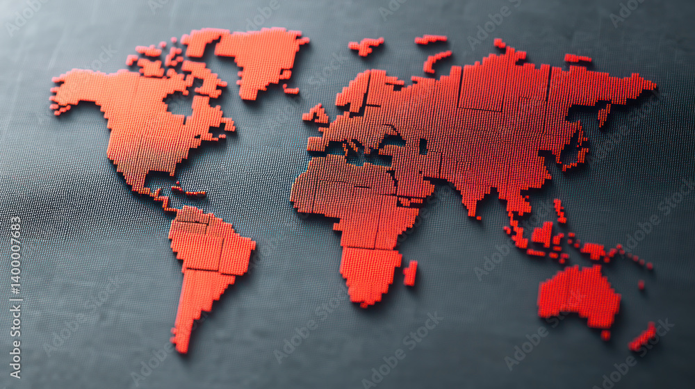 Digital world map in red pixelated design on dark background, representing global connectivity and technology Digital world map in red pixelated design on dark background, representing global connectivity and technology