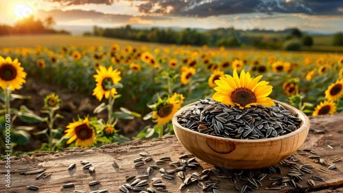 Golden sunlight bathes a sunflower field as a bowl of seeds rests on a wooden surface, showcasing nature's beauty and harvest