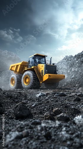 Mining loader operating at dusty quarry site, raw earthmoving action, 3D illustration
