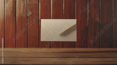 Closed white envelope levitating in front of wooden wall background on table surface.