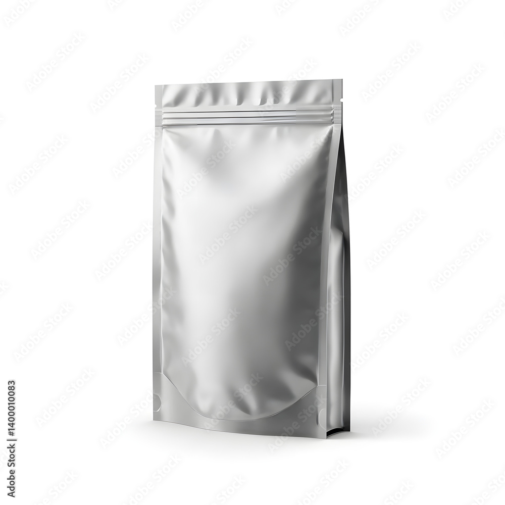 Three-Dimensional Silver Stand-Up Pouch with Zip Lock on White Background Three-Dimensional Silver Stand-Up Pouch with Zip Lock on White Background