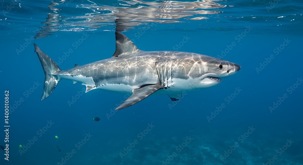 Fototapeta premium Ocean's Majesty: Great White Shark Underwater Encounter AI Generated