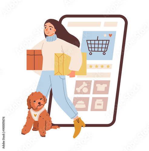 Woman shopping online with her dog. Female shopper using a smartphone app for online purchases. Flat vector illustration.