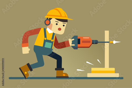 Flat vector illustration of worker using jackhammer and wearing ear protection and hard hat