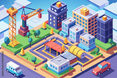 Isometric vector of a modern construction site with unfinished buildings, cranes, and heavy machinery