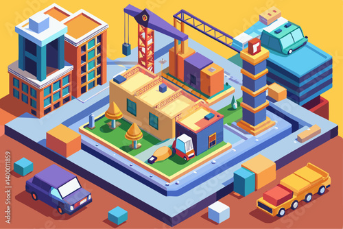 Isometric vector of a modern construction site with unfinished buildings, cranes, and heavy machinery