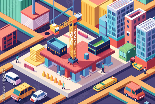 Isometric vector of a modern construction site with unfinished buildings, cranes, and heavy machinery
