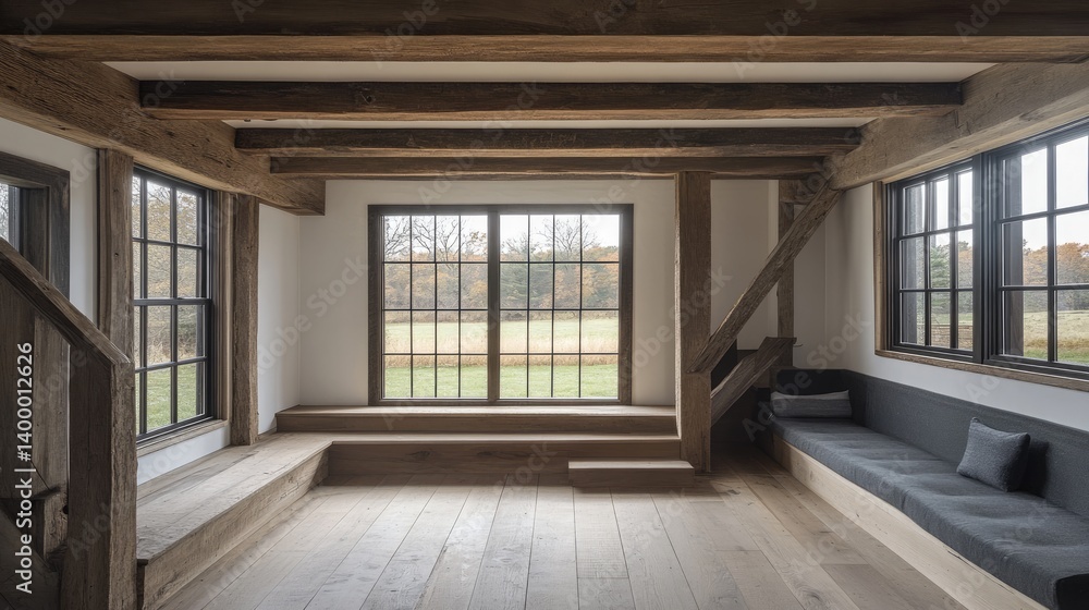 Fototapeta premium Renovated entryway with preserved wooden beams and updated minimalist steps