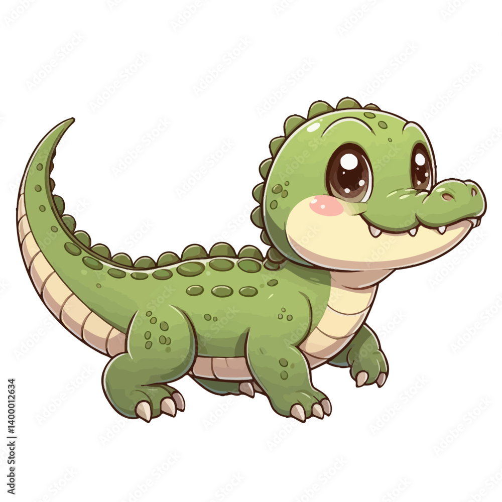 Naklejka premium Charming cartoon illustration of a small, bright green crocodile with big, friendly eyes and a playful expression. Represents cute animals, wildlife, and children's themes.