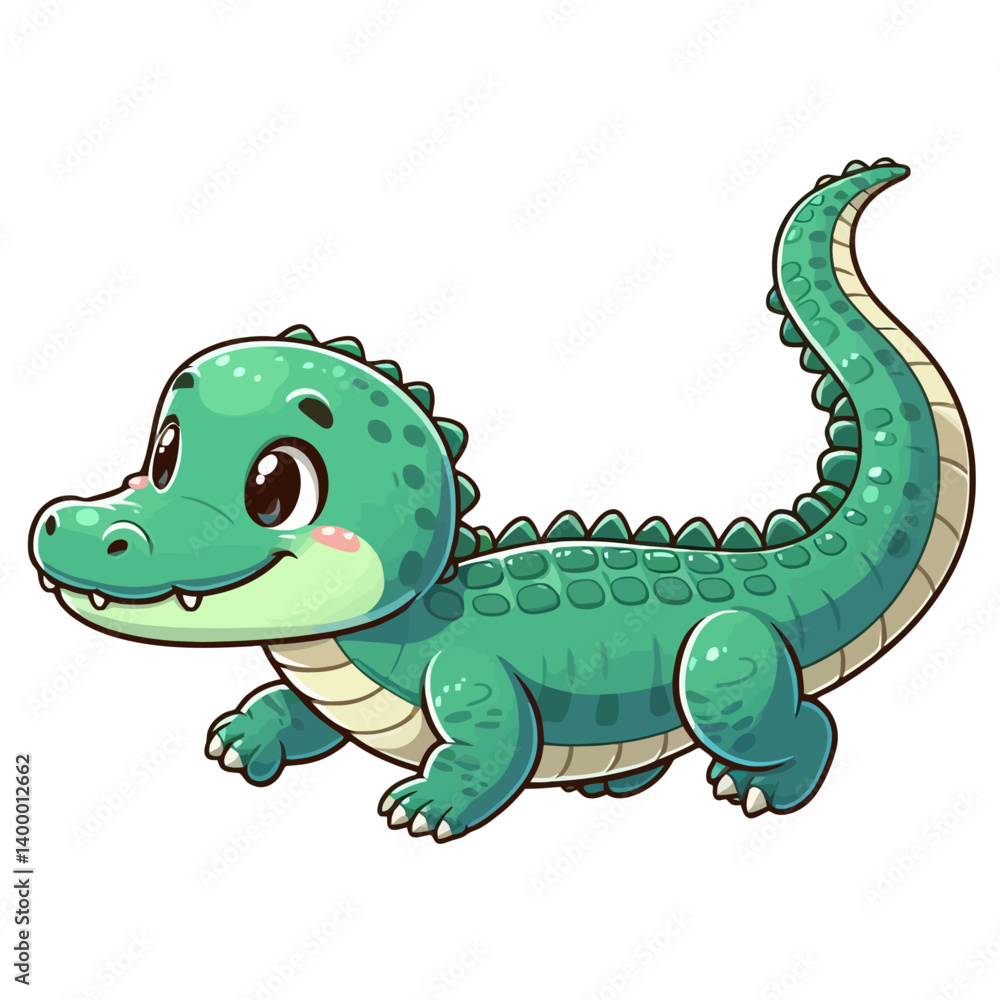 Obraz premium Charming cartoon illustration of a small, bright green crocodile with big, friendly eyes and a playful expression. Represents cute animals, wildlife, and children's themes.