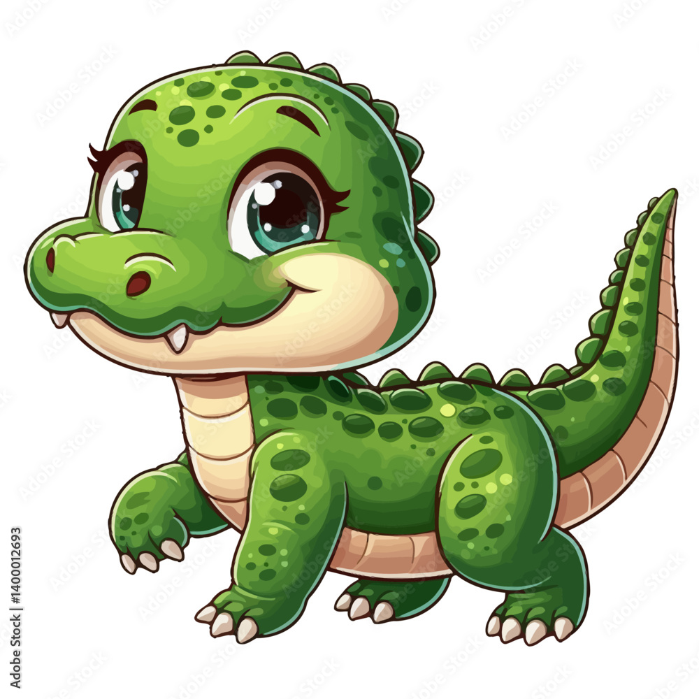 Fototapeta premium Charming cartoon illustration of a small, bright green crocodile with big, friendly eyes and a playful expression. Represents cute animals, wildlife, and children's themes.