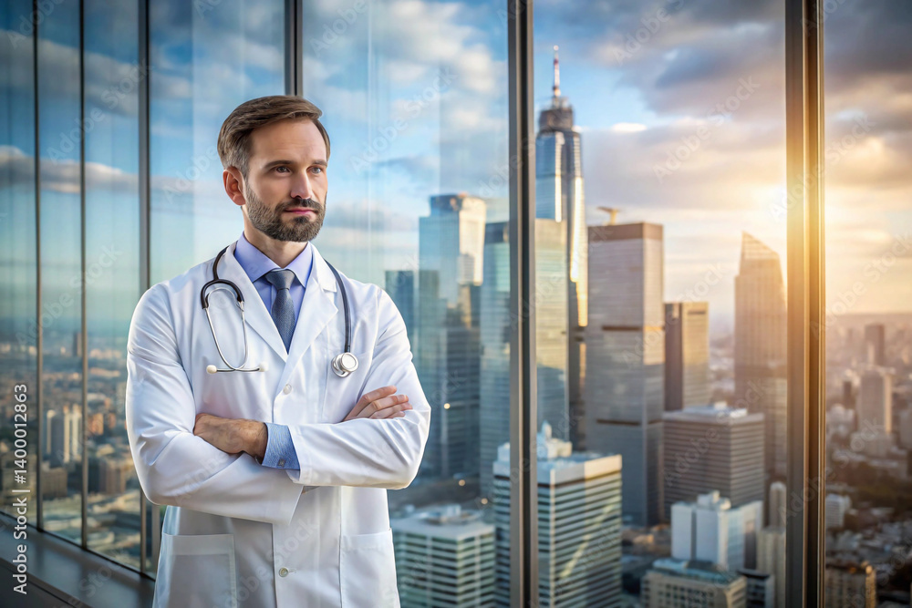 Fototapeta premium Doctor in white coat with city skyline through glass behind them