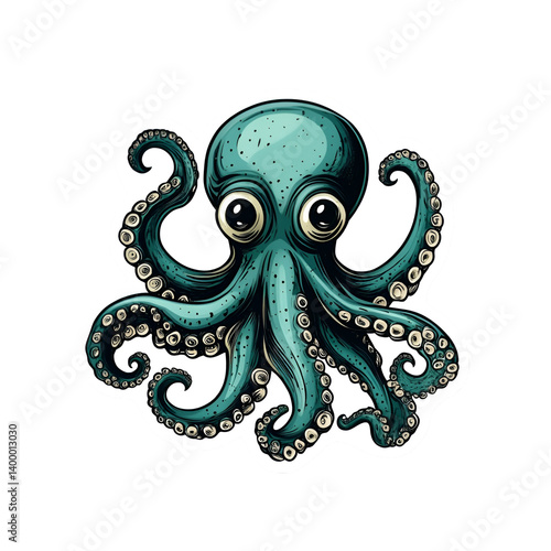 Playful octopus sticker underwater world digital art colorful environment close-up view adorable concept