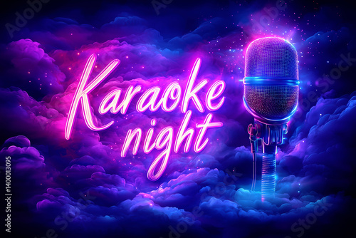 Glowing karaoke night neon text next to a microphone amidst vibrant pink and purple clouds.