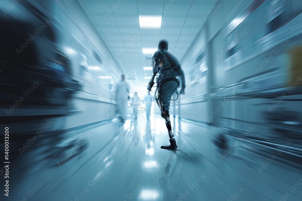 Fototapeta premium A blurred humanoid robot with a prosthetic leg rushes down a sterile hospital corridor.
