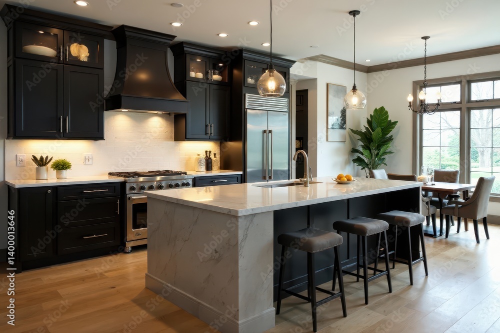 Espresso cabinetry, quartz waterfall island, breakfast bar pendant lights , lighting, espresso Espresso cabinetry, quartz waterfall island, breakfast bar pendant lights , lighting, espresso
